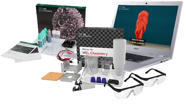 Image of MEL starter kit, tin experiment set and Laptop showing digital resources