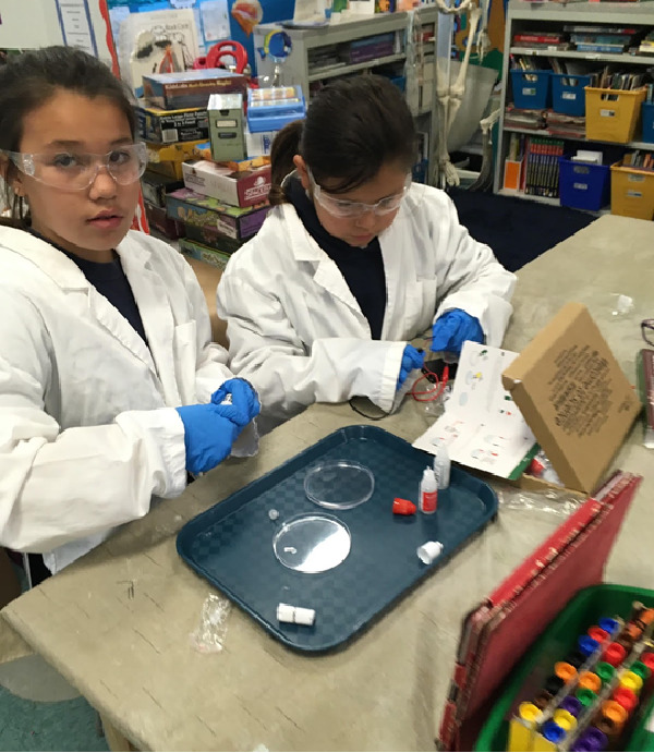 Girls looking at camera whilst performing experiment